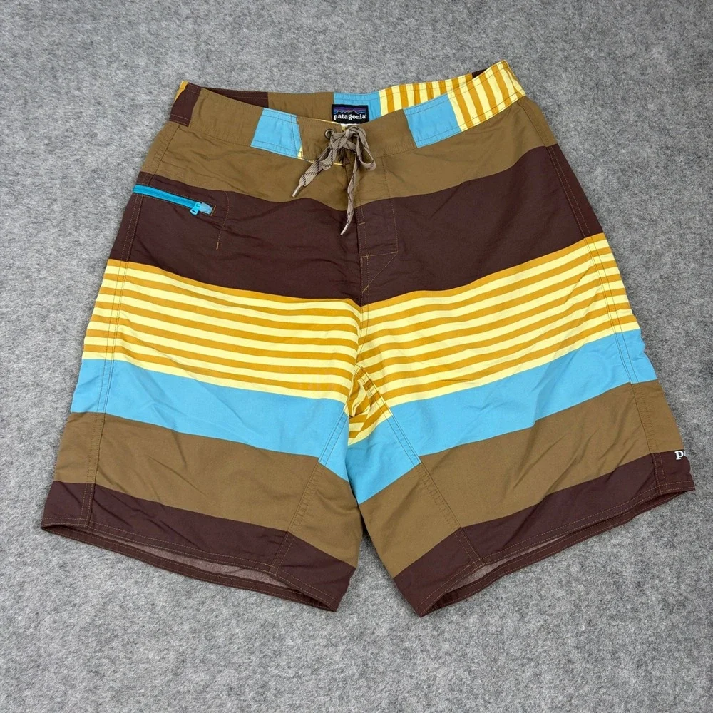 Patagonia Board Shorts Mens 32‎ Brown Blue Yellow Striped Swim Trunks Beach Surf